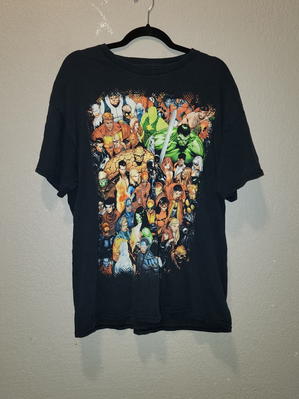 Mens Marvel Black Graphic Tee with Multi-Color Character Collage | XLarge